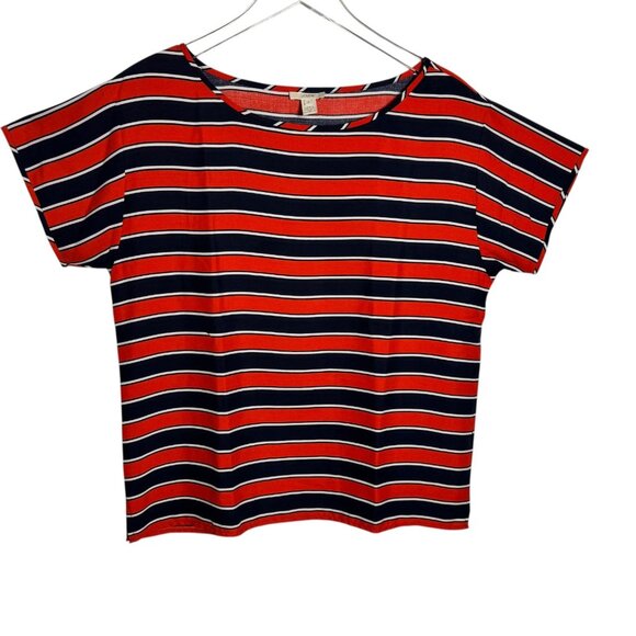 J Crew Silk Gondola Striped Short Sleeve Top Womens 10 Blue Red - Picture 1 of 4